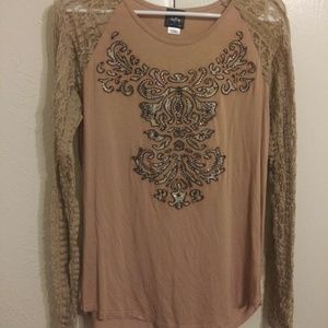 Tan Shirt with Lace Sleeves